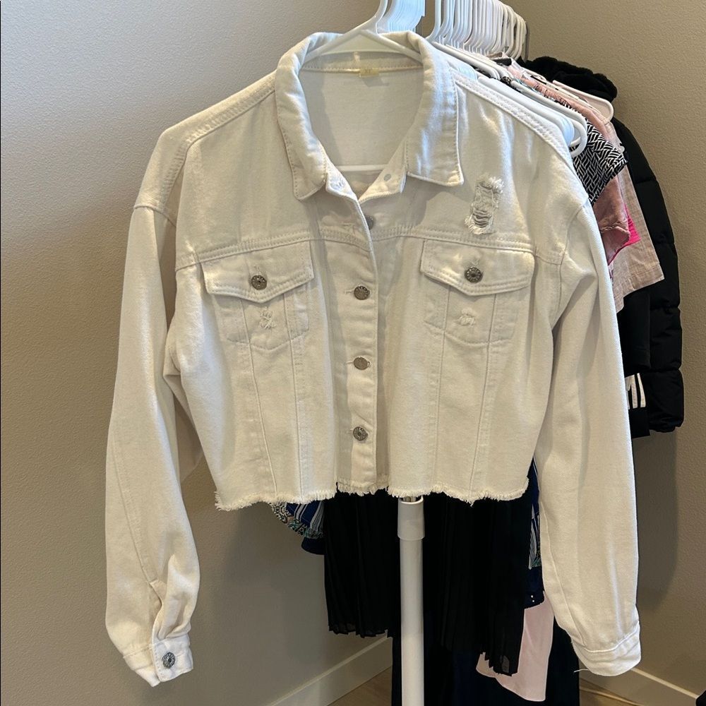 LifeShe White Cropped Denim Distressed Jacket, Women’s XL - Picture 3 of 8